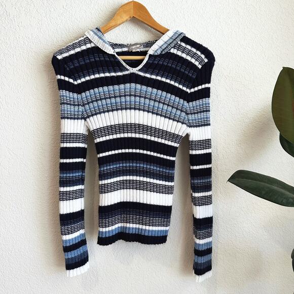 VTG Y2K RAVE Stripped Hooded Sweater Large Preppy Retro 90s Chunky Knit Ribbed - Picture 1 of 6